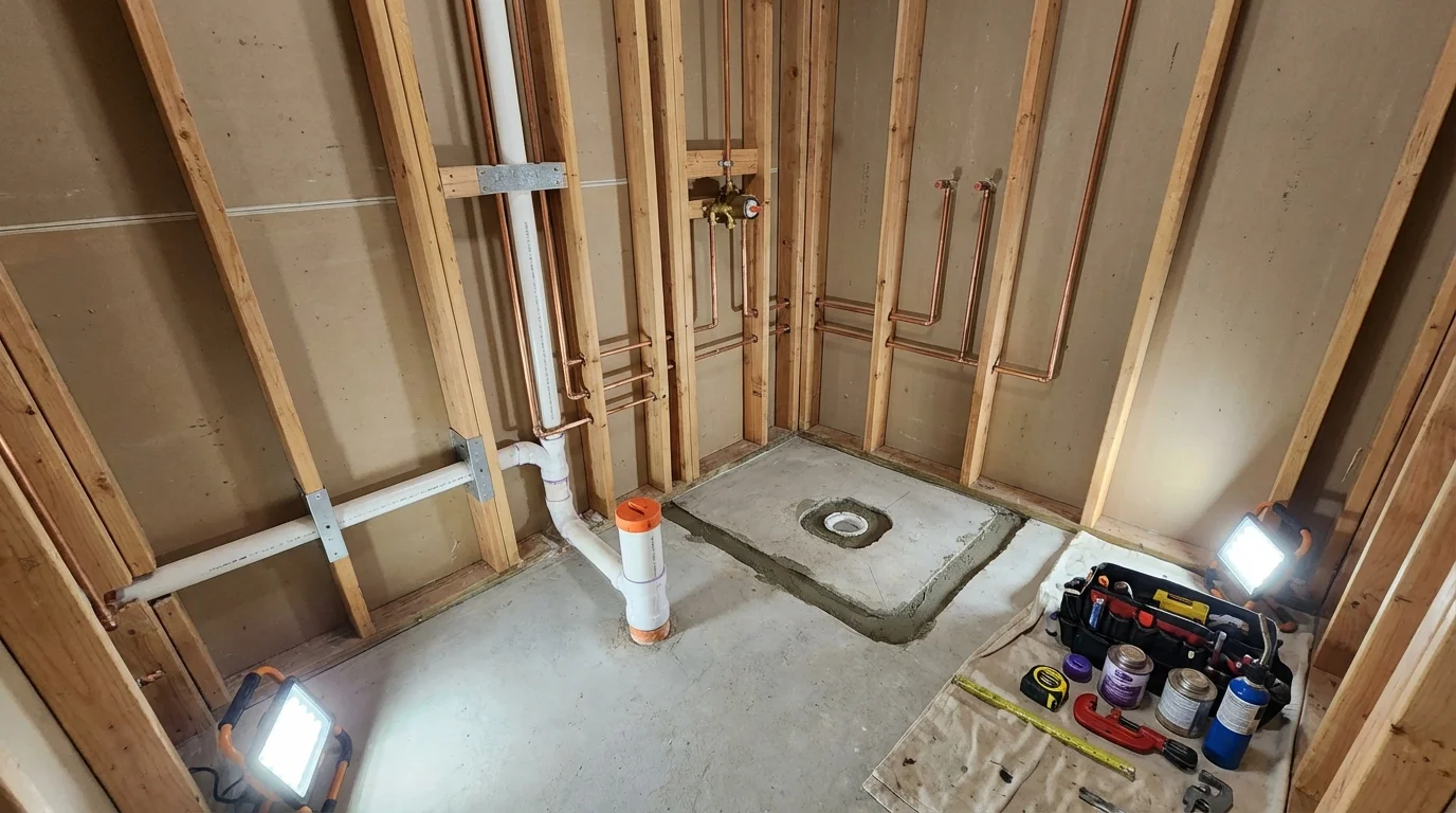 Bathroom rough-in plumbing during remodel by Johns Plumbing LLC in Youngsville
