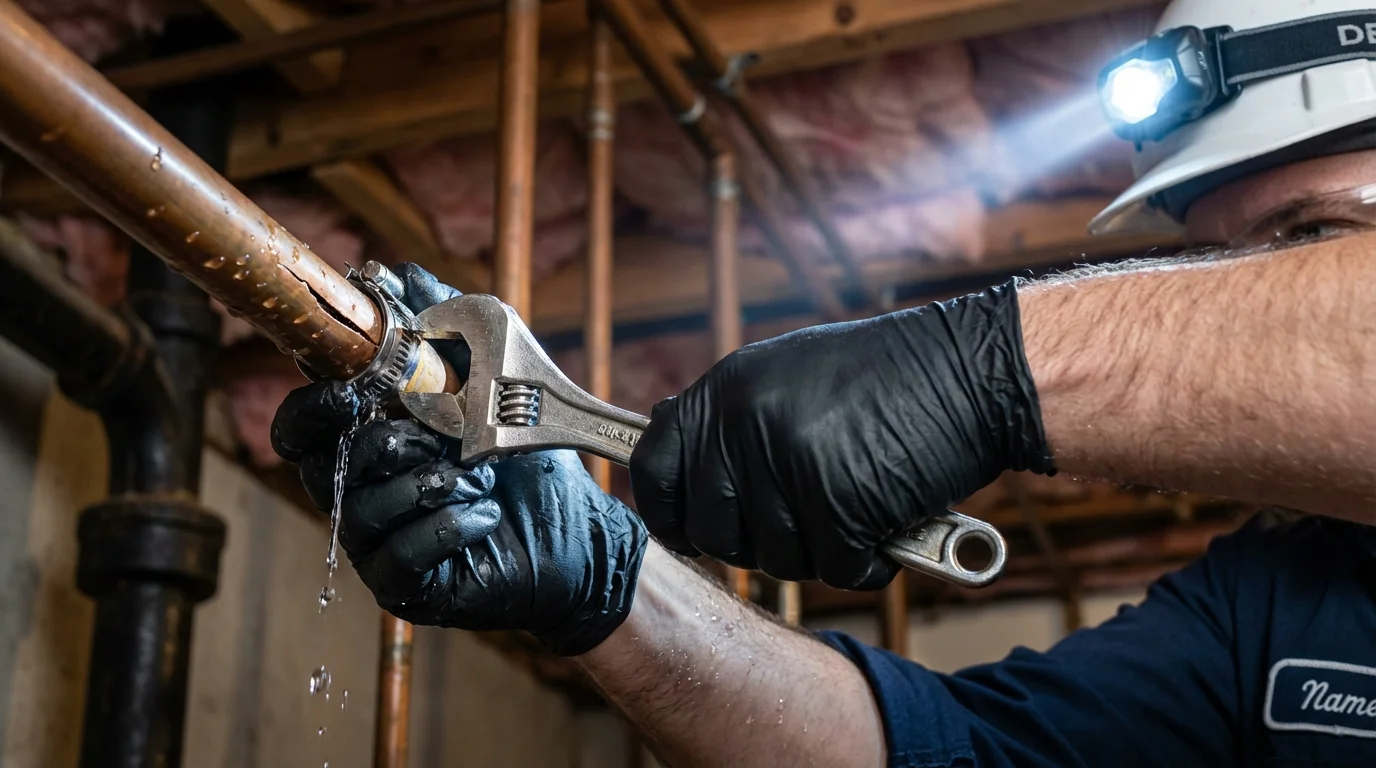Emergency pipe clamp repair being performed by a Johns Plumbing LLC plumber in Youngsville