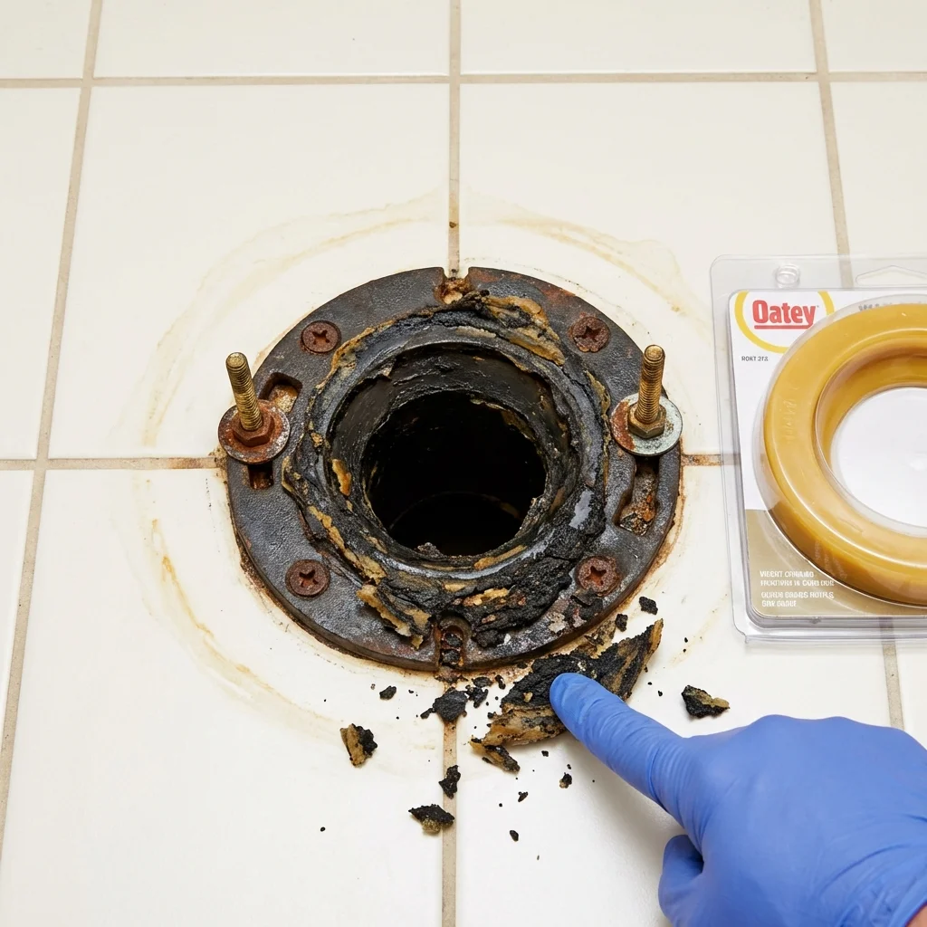 Failed wax ring showing water seepage at the base of a toilet in a Youngsville, NC home