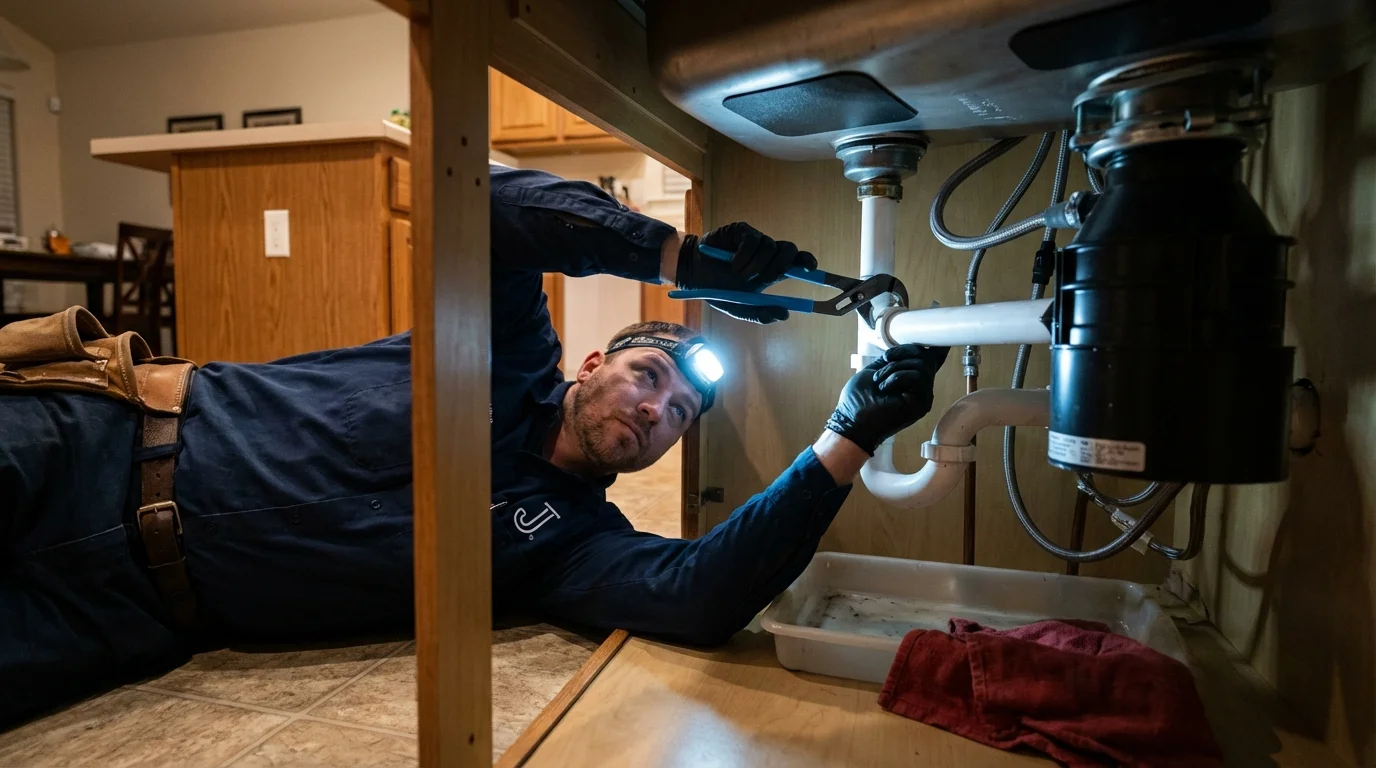 P-trap and supply line connections under a kitchen sink showing a common leak point in Youngsville, NC